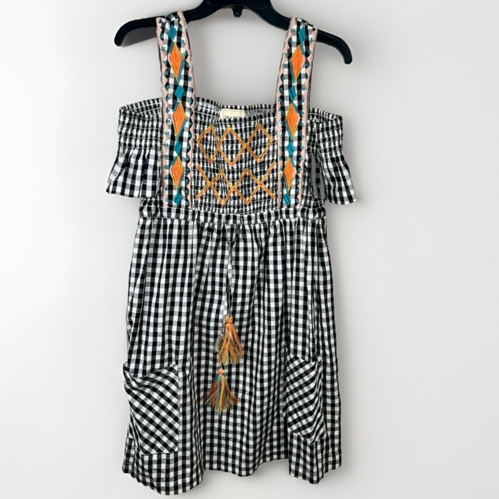 Sand & Spirit Black White Checkered Off-Shoulder Sun Dress Size L Embroidered